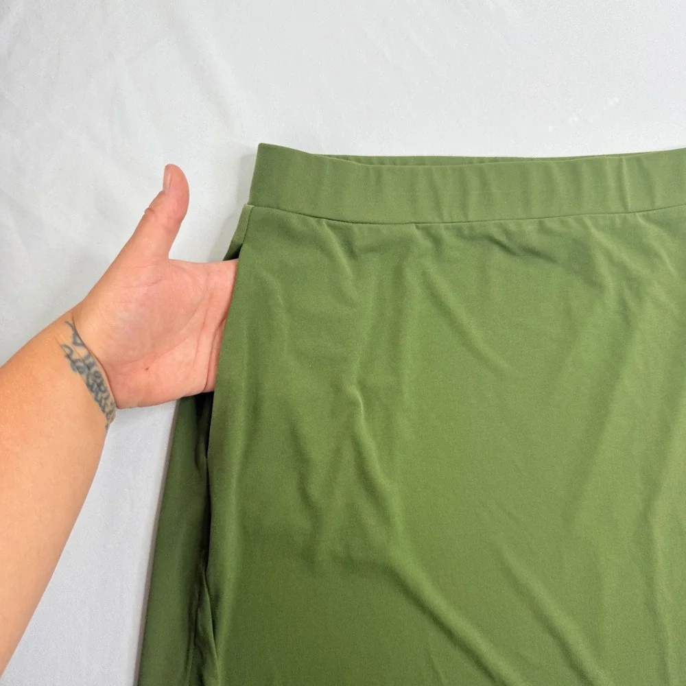 Susan Graver Modern Essentials Olive Green Liquid Knit Midi Skirt Pockets MP